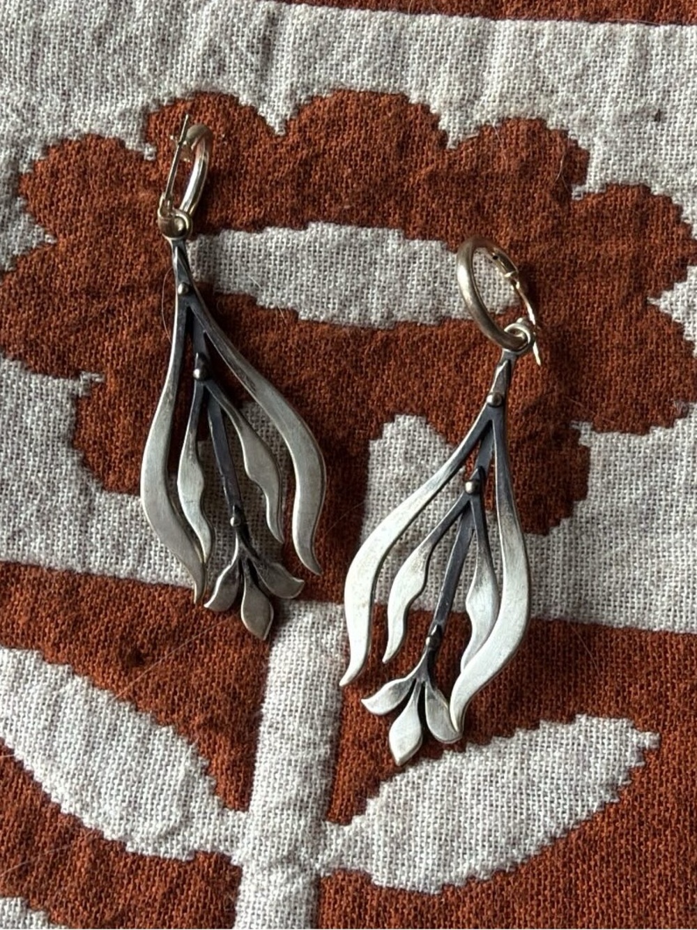 Sterling Silver Drop Floral Hoop Earrings - Silver